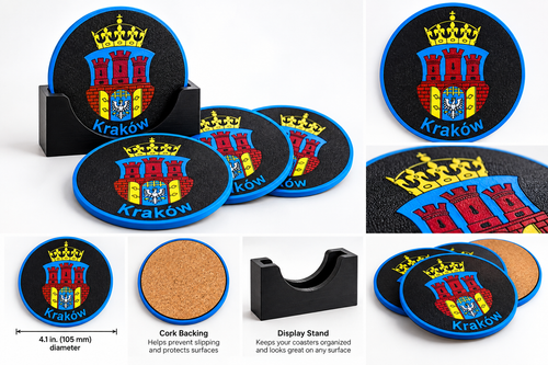 Kraków 3D-printed coaster set of four with cork backing and black display stand