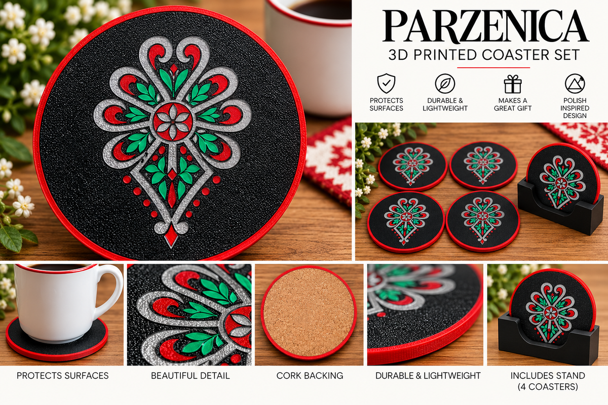 Parzenica 3D-printed coaster set of four with cork backing and black display stand