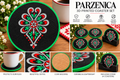 Parzenica green-border 3D-printed coaster set of four with cork backing and black display stand