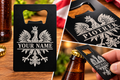 Personalized Polish Eagle engraved bottle opener collage with Your Name, Piotrek and Michael examples