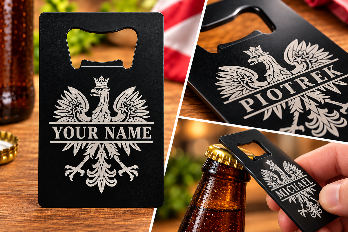 Personalized Polish Eagle engraved bottle opener collage with Your Name, Piotrek and Michael examples