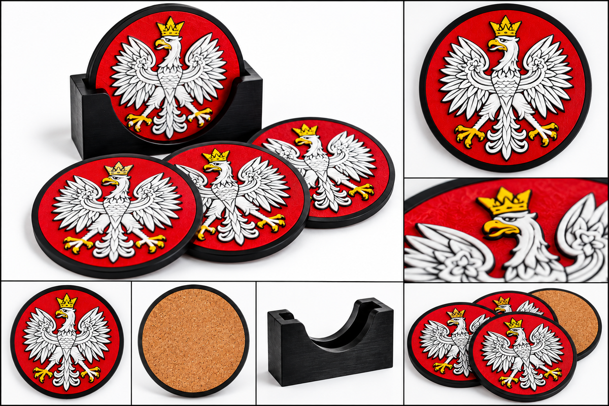Polish Eagle 3D-printed coaster set of four with cork backing and black display stand