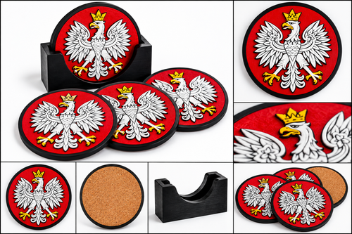 Polish Eagle 3D-printed coaster set of four with cork backing and black display stand