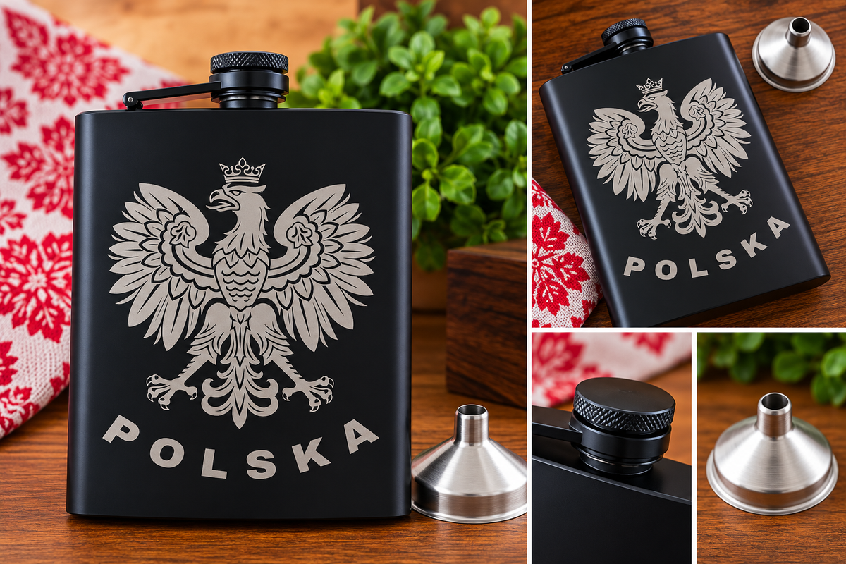 Black 8 oz stainless steel flask engraved with Polish Eagle and Polska, with stainless steel funnel