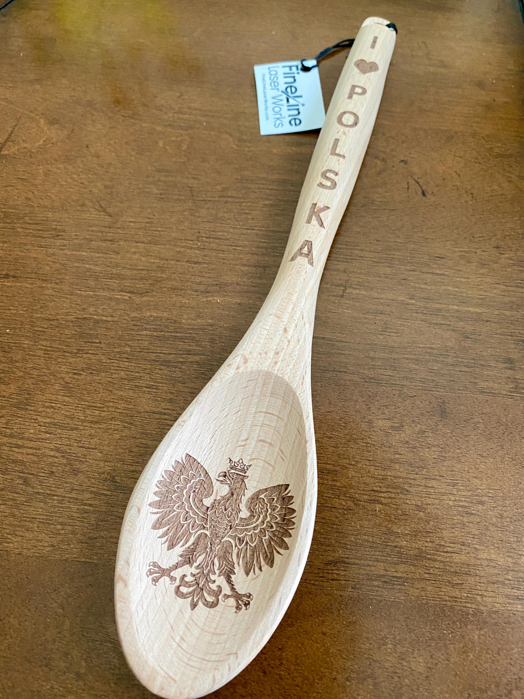 Laser engraved wooden spoon with Polish Eagle and I love Polska handle