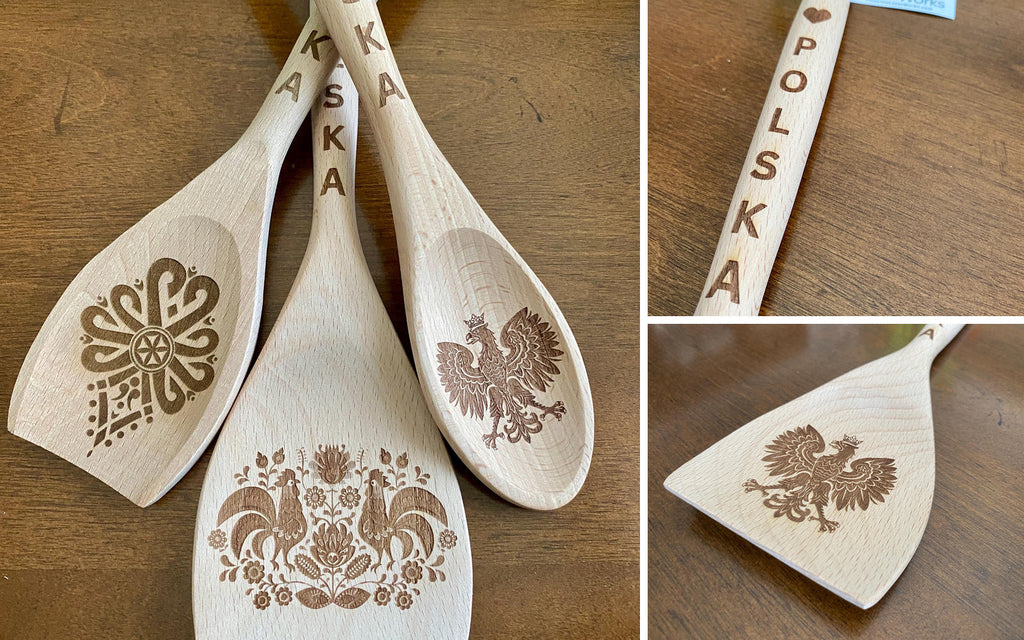 Polish heritage engraved wooden utensils collage showing the actual three-piece set, I love Polska handle, and Polish Eagle engraving