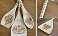 Polish heritage engraved wooden utensils collage showing the actual three-piece set, I love Polska handle, and Polish Eagle engraving