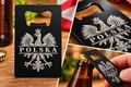 Polish Eagle Polska engraved bottle opener collage with close-up and bottle-opening demonstration