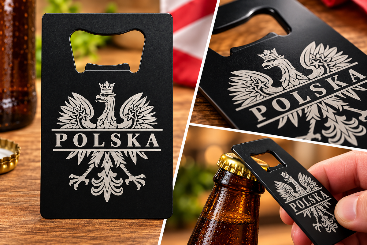 Polish Eagle Polska engraved bottle opener collage with close-up and bottle-opening demonstration